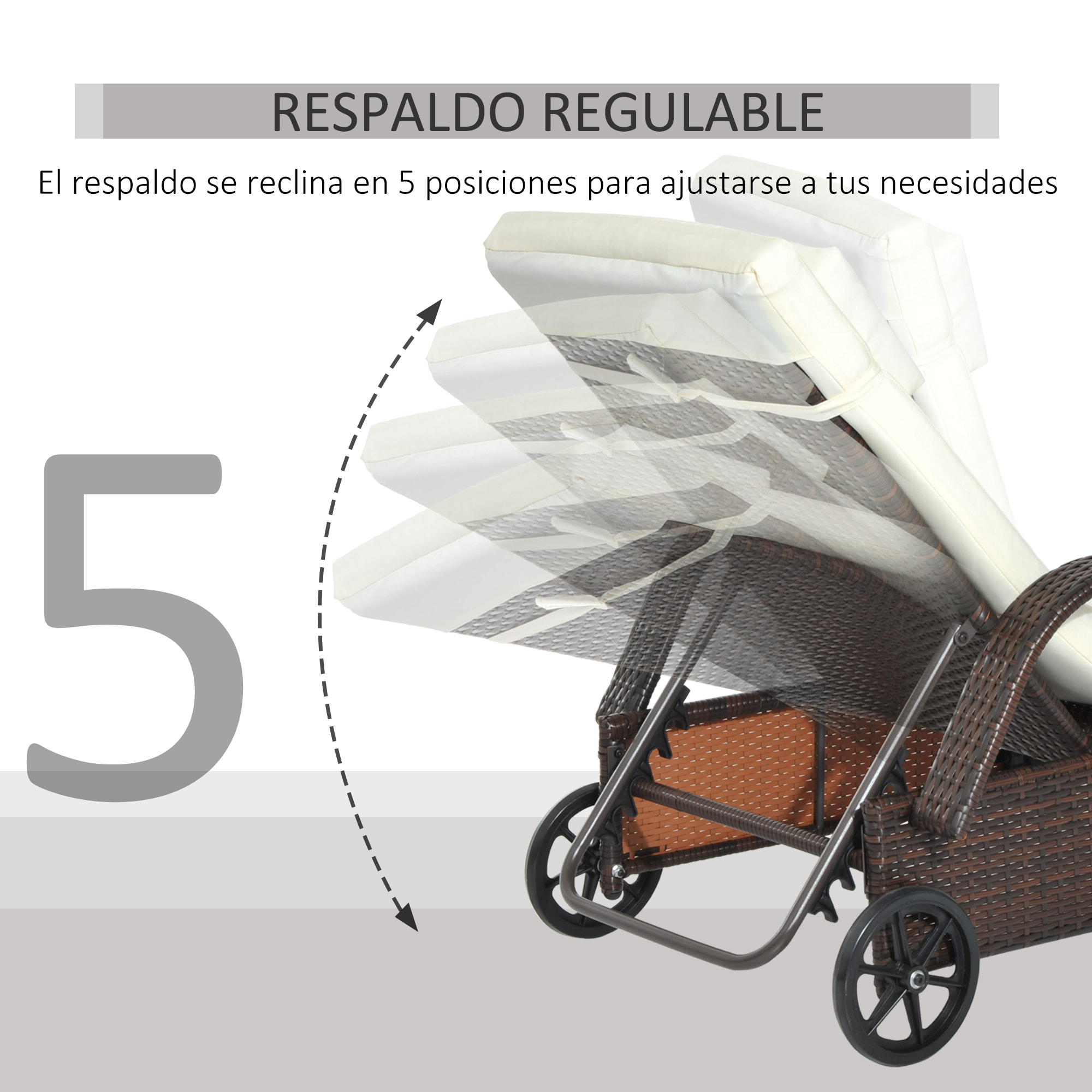 Conjunto de 2 Tumbonas de Ratán de Jardín Chaise Longue con Respaldo Ajustable en 5 Posiciones Cojines Acolchados Reposacabezas y 2 Ruedas 200x73x56-103 cm Crema y Marrón