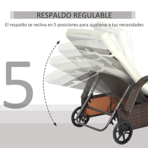 Conjunto de 2 Tumbonas de Ratán de Jardín Chaise Longue con Respaldo Ajustable en 5 Posiciones Cojines Acolchados Reposacabezas y 2 Ruedas 200x73x56-103 cm Crema y Marrón
