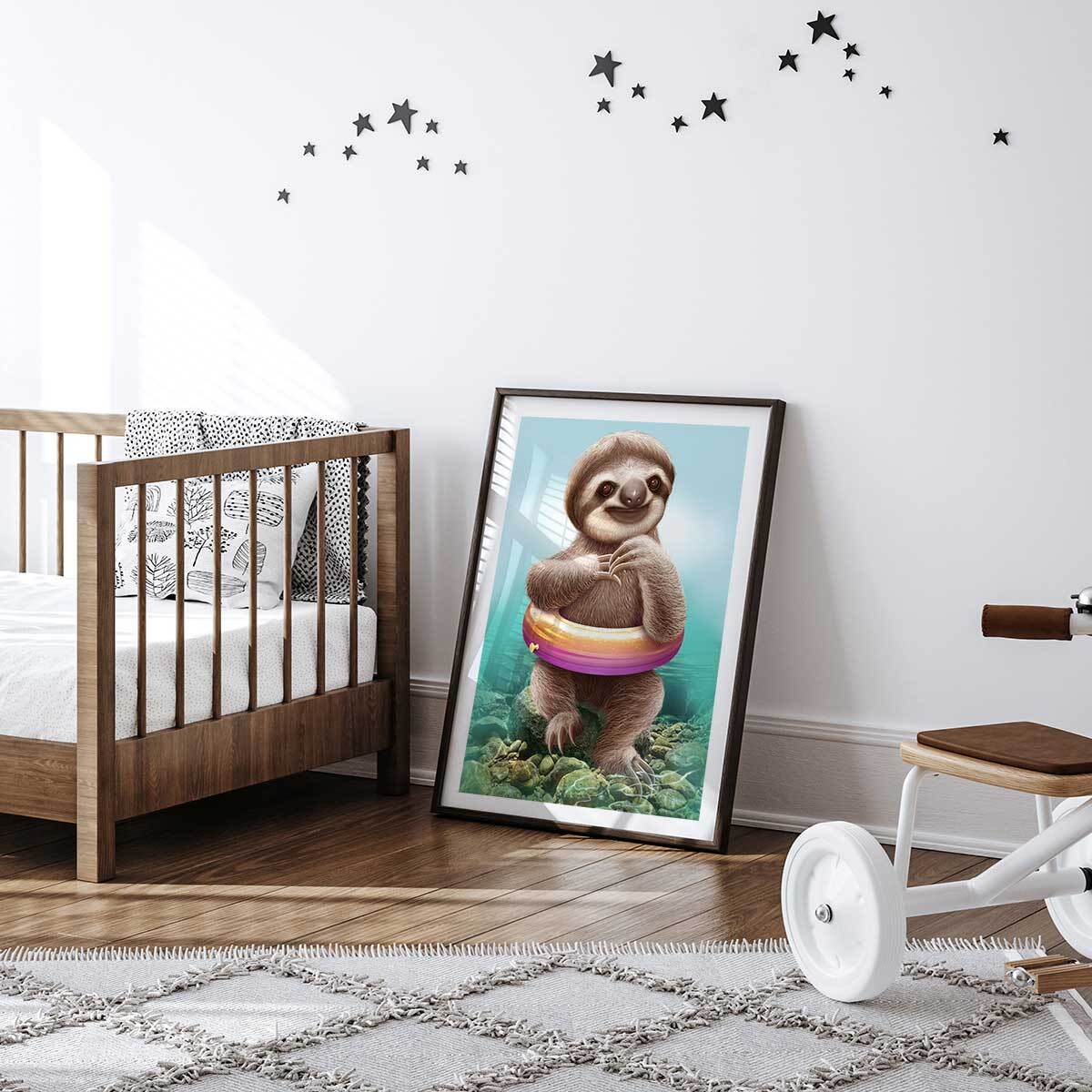 Affiche enfant jeune paresseux avec bouée  Affiche sous cadre noir