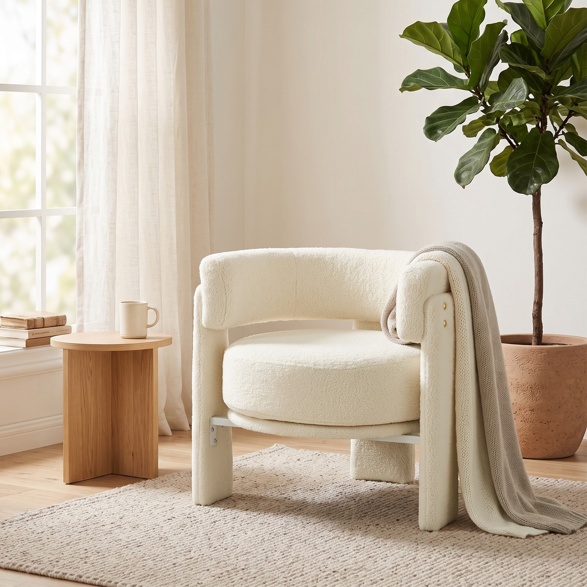 HOMCOM Butaca de Salón, Tapizado en Borreguito, Sillón de Salón, con Cojín Lumbar, Asiento Profundo, Acolchado Grueso y Reposabrazos Integrados, para Dormitorio, Lectura, Blanco Crema