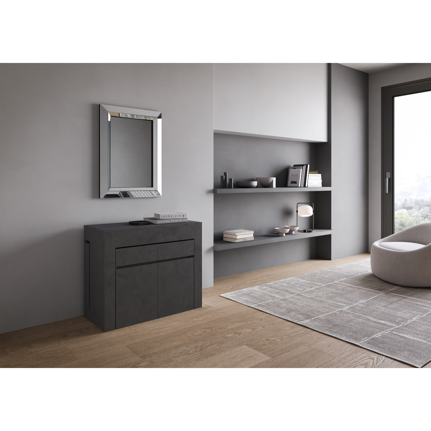 Consola extensible 90x42/302 cm Evolve Antracita Espatulado extensiones internas con bancos inferior y superior