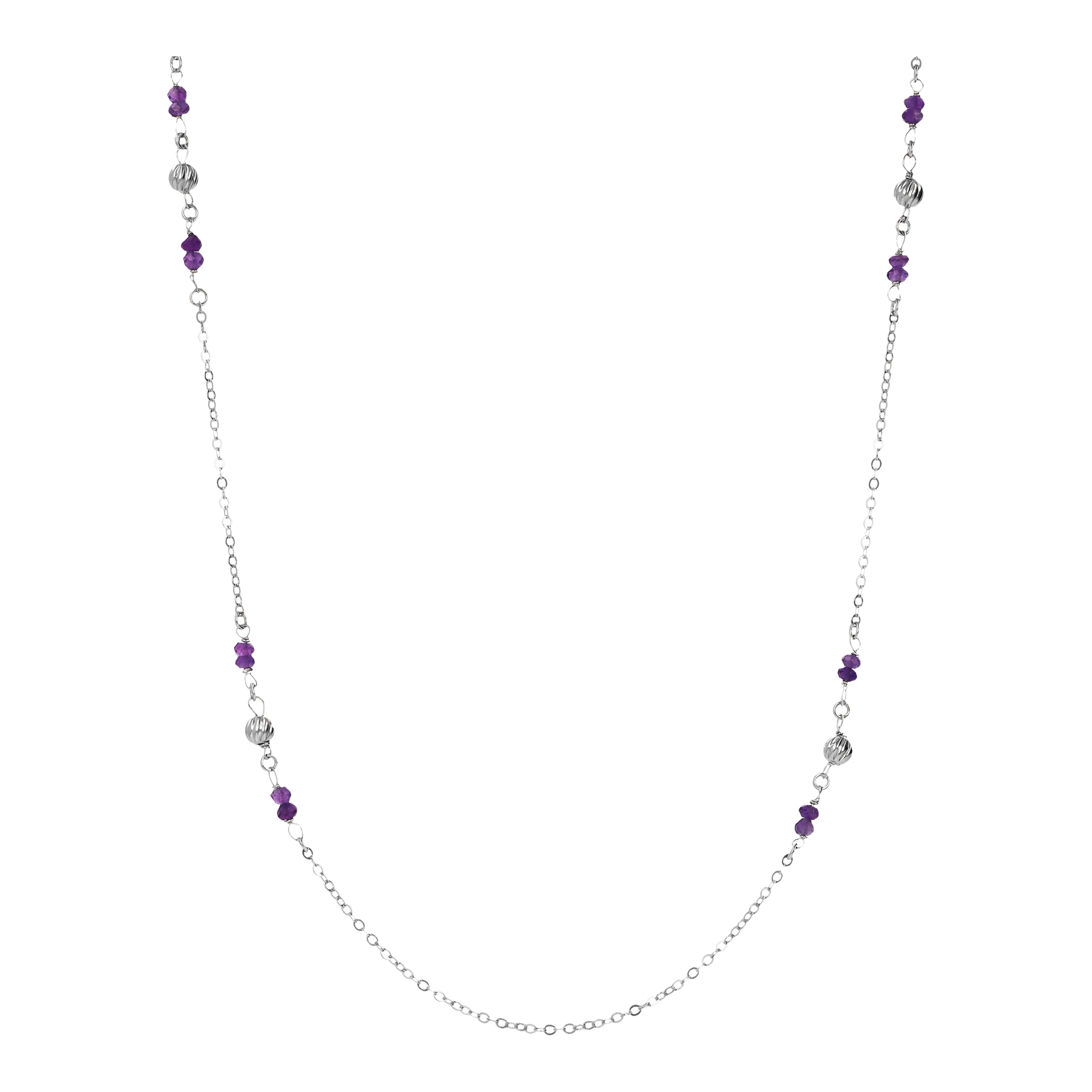 Collana Lunga Catena Rolo con Ametista Viola e Sfere Rigate in Argento 925 placcato Rodio