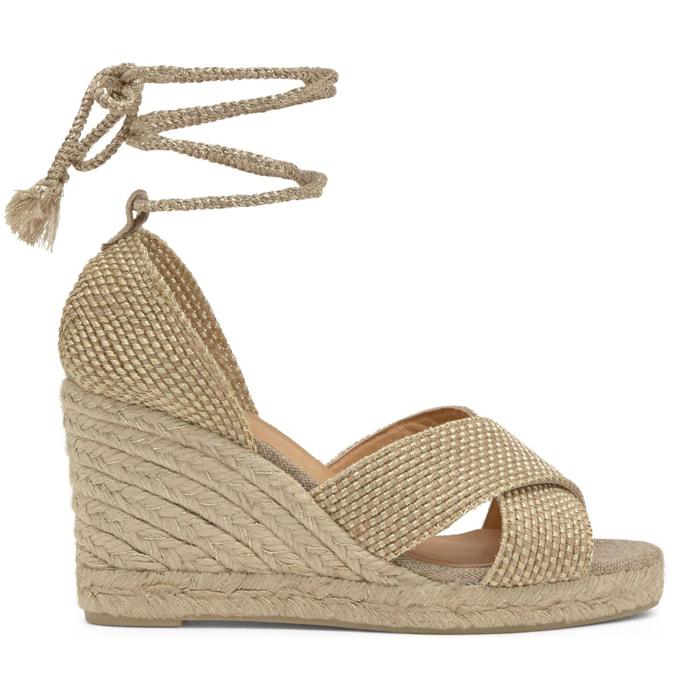 Sandalia de cuña Becca en yute y rayón con cierre de cintas