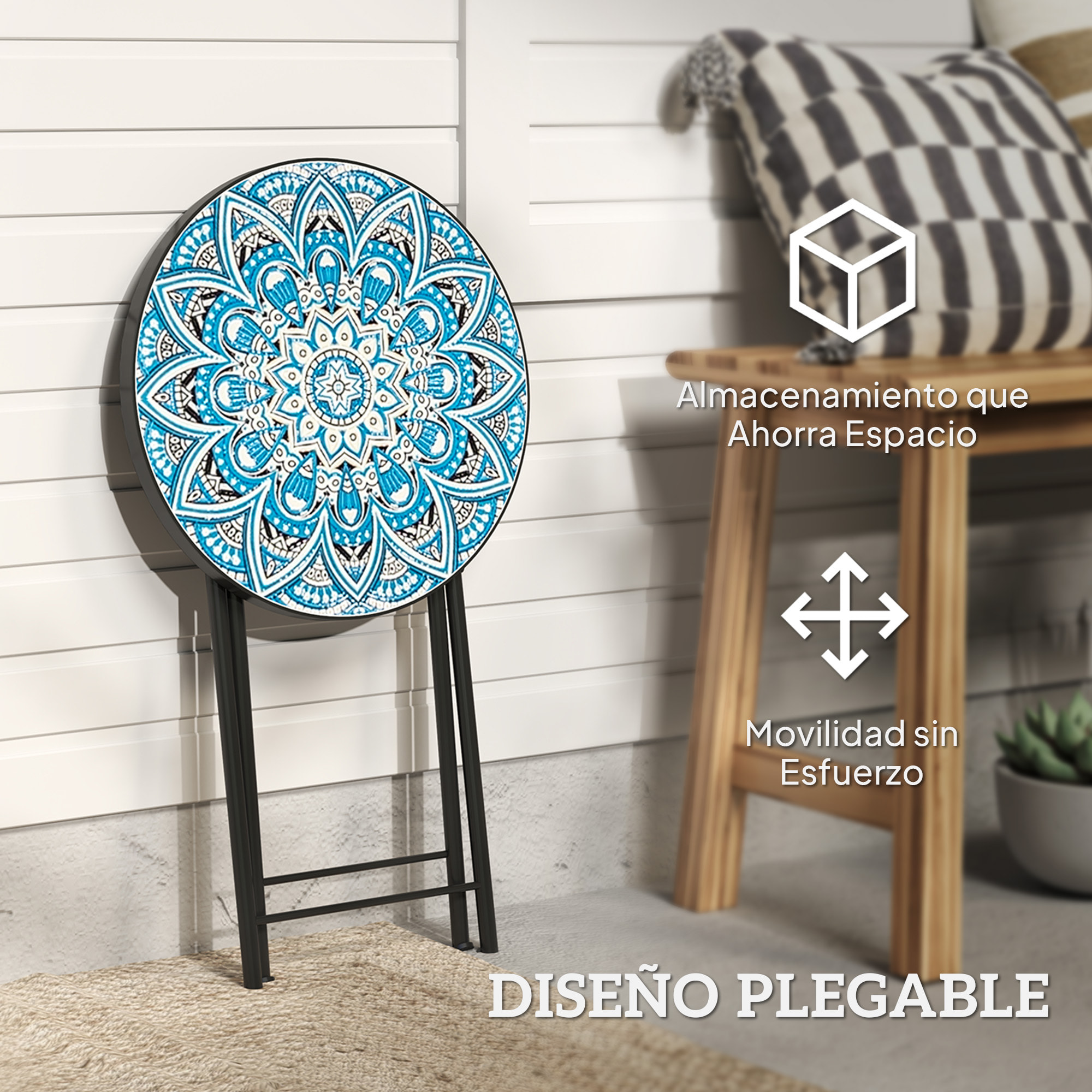 Mesa Auxiliar Redonda Mesa de Jardín Exterior Plegable con Encimera de Mosaico y Almohadillas Antideslizantes Mesa para Exterior Terraza Patio Ø35,5x55 cm Azul