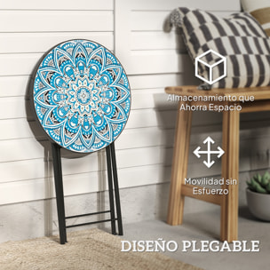Mesa Auxiliar Redonda Mesa de Jardín Exterior Plegable con Encimera de Mosaico y Almohadillas Antideslizantes Mesa para Exterior Terraza Patio Ø35,5x55 cm Azul