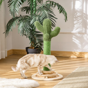 Griffoir chat design cactus - jouet pompon suspendu, jouet boules - bois de pin sisal vert