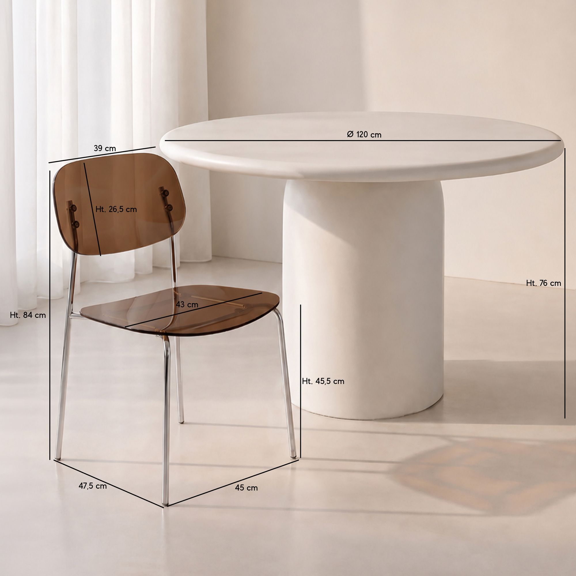 Ensemble table ronde 120cm et 4 chaises en résine acrylique écorce GLAM