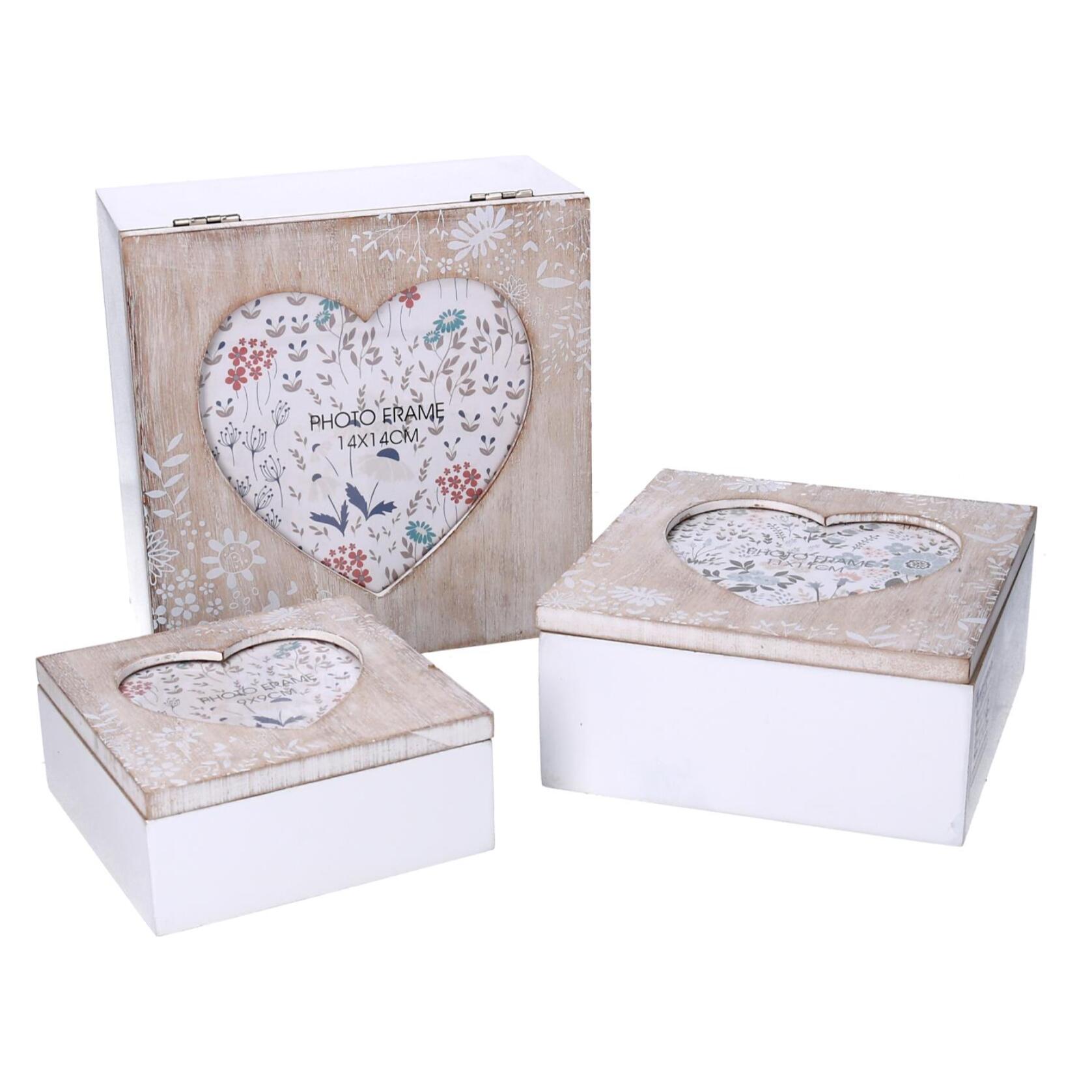 Set di 3 scatole in legno cuore beige quadro cm18x18h9