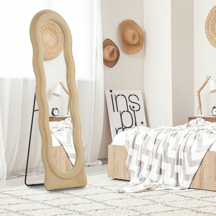 Espejo de Cuerpo Entero 160x50 cm Espejo de Pie o de Pared Diseño Ondulado Marco con Tela de Terciopelo para Salón Dormitorio Beige