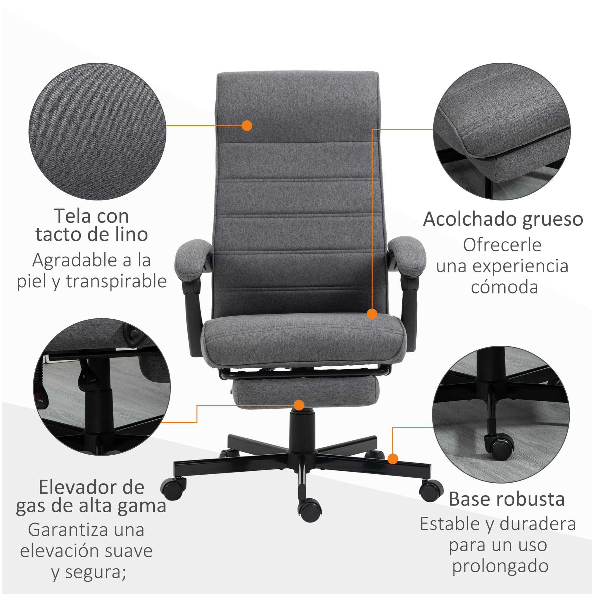 Silla de Escritorio Reclinable Silla de Oficina Giratoria con Altura Ajustable Reposapiés Retráctil y Reposabrazos Silla para Estudio Carga 120 kg Gris