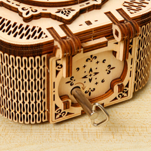 Maqueta de Madera 3D, diseño de Caja de música con movimiento mecánico. 68 piezas.