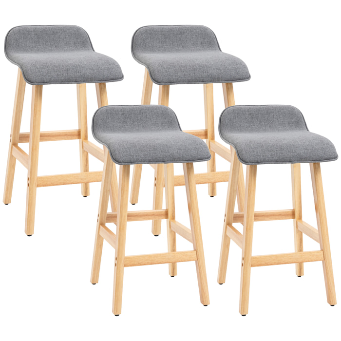 Conjunto de 4 Taburetes de Bar Tapizado en Lino Sintético Taburetes Altos de Cocina con Reposapiés y Patas de Madera Carga 120 kg 40x41,5x75,5 cm Gris y Natural