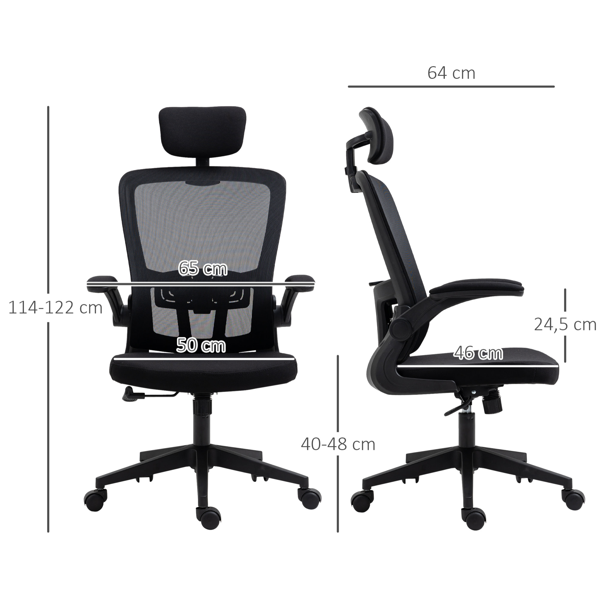 Vinsetto Silla de Oficina de Malla Ergonómica Silla Escritorio Giratoria con Altura Ajustable Reposabrazos Plegable Reposacabezas y Soporte Lumbar Regulables 65x64x114-122 cm Negro