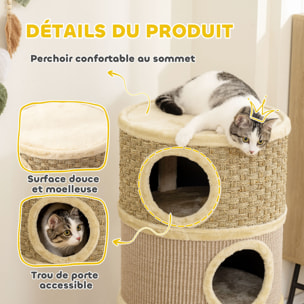 Arbre à chat cylindrique tonneau griffoir - 3 niches + plateforme - sisal corde d'algues beige