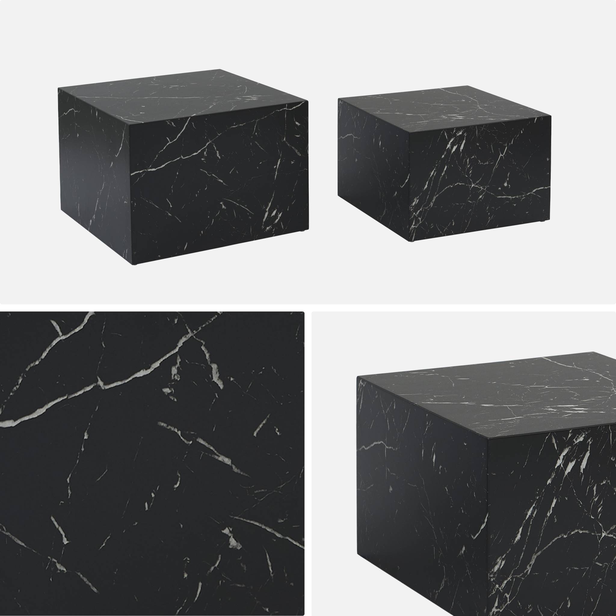 Lot de 2 tables basses effet marbre noir PAROS.  L 58 x l 58 x H 40cm / L 50 x l 50 x H 33cm