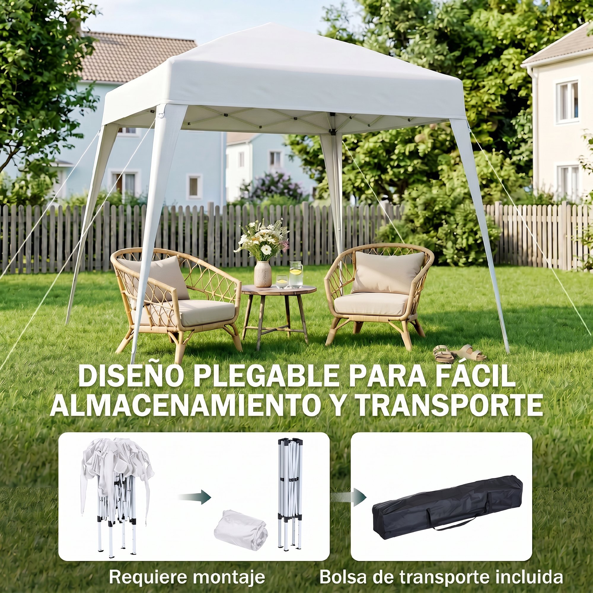 Outsunny Carpa Plegable 2,4x2,4 m, Pop-up, Cenador Pabellón de Jardín, Altura Ajustable con Bolsa de Transporte, Anti-UV, Impermeable, Gazebo para Camping, Fiestas, Exterior, Blanco