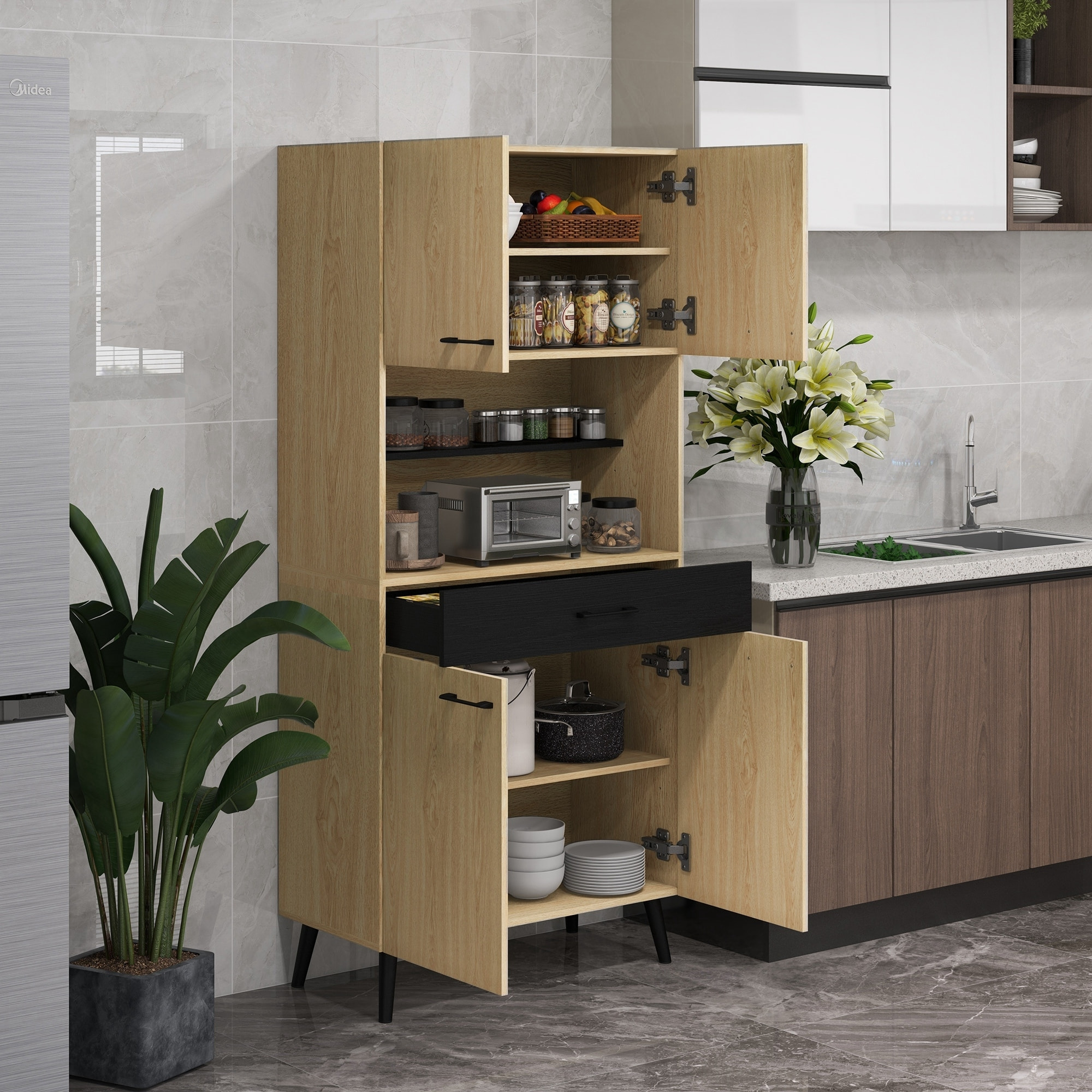 Buffet haut design industriel - 4 portes, 3 étagères, tiroir, niche - métal panneaux noir chêne clair