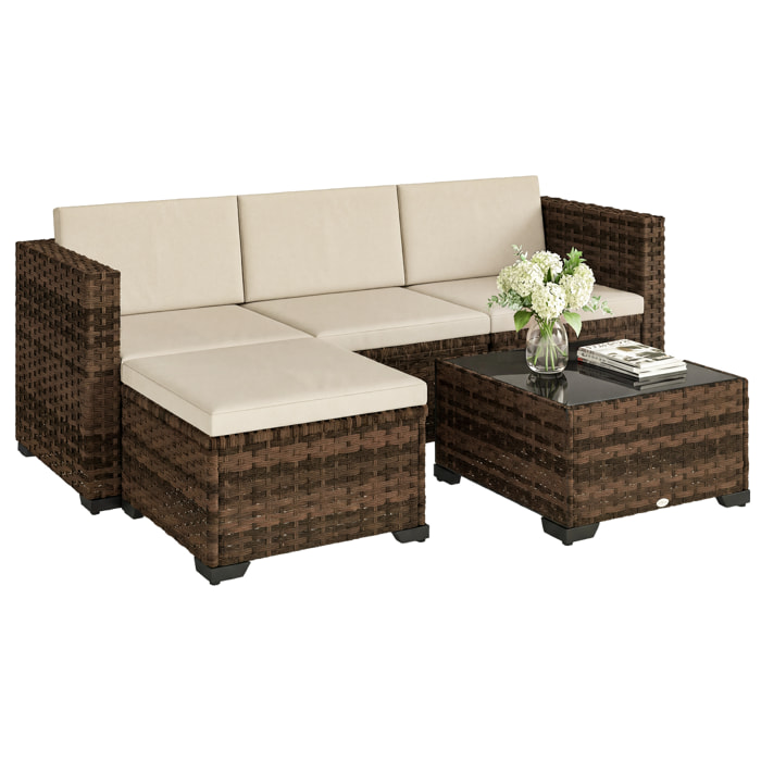 Conjunto de Jardín de Ratán de 5 Piezas, Conjunto Terraza Resistente, Muebles Jardín Exterior Incluye Cojines, 2 Sillones de Esquina, Sillón sin Brazos, Reposapiés y Mesa Centro, Caqui
