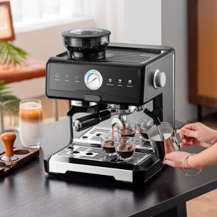 Cafetera de 2200W con 20 niveles de molido y sistema dual para café frío o caliente. Pantalla táctil, varilla de vapor, 20 bar de presión y tanque de 2,6 L.