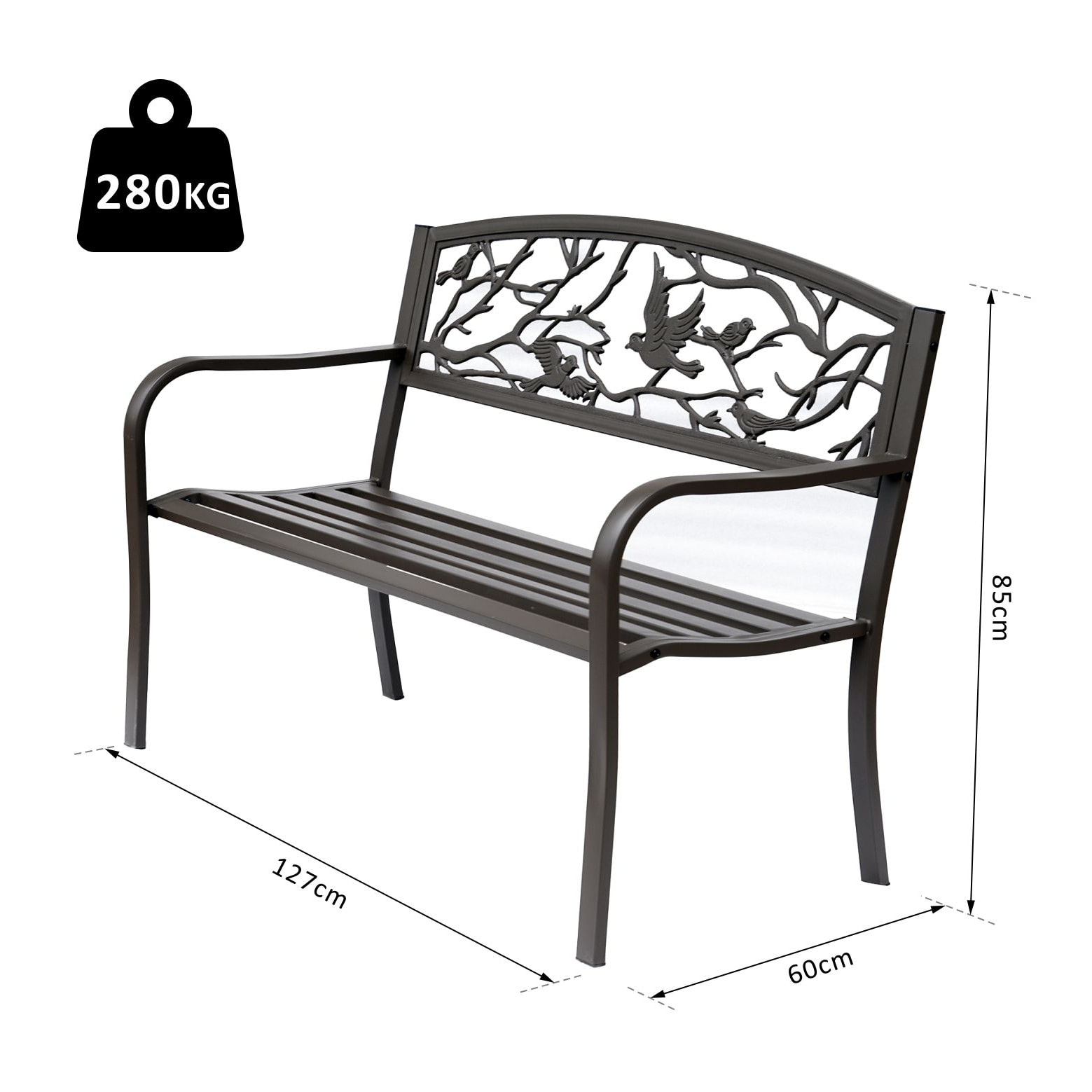 Banc 3 places de jardin terrasse style rural chic 127L x 60l x 85H cm métal époxy anticorrosion brun
