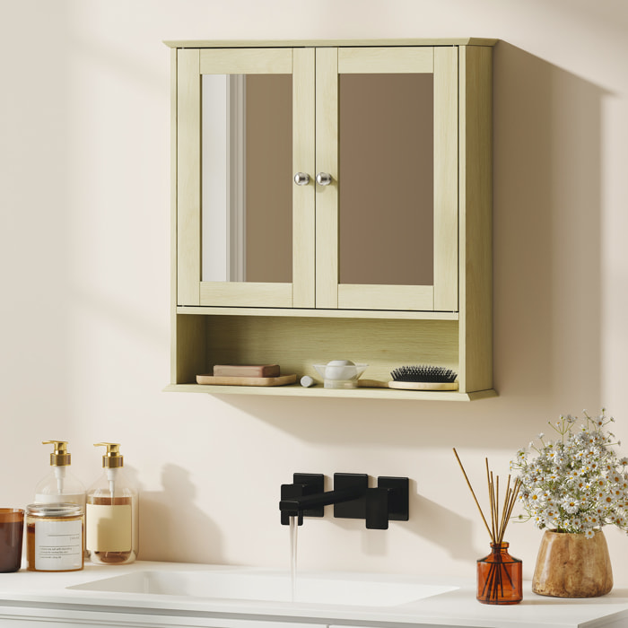 Armario de Baño con Espejo, Armario de Pared con 2 Puertas, Estante Abierto, Estante Ajustable, Mueble de Baño Colgar para Cocina, Salón, 56x13x58 cm, Natural