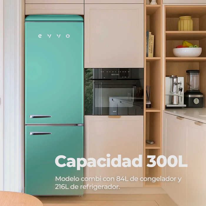 EVVO Frigorífico combi F55 Retro Verde Aquamarina, 216 L + 84 L, diseño vintage, Crisper Zone, Turbo Fan, silencioso