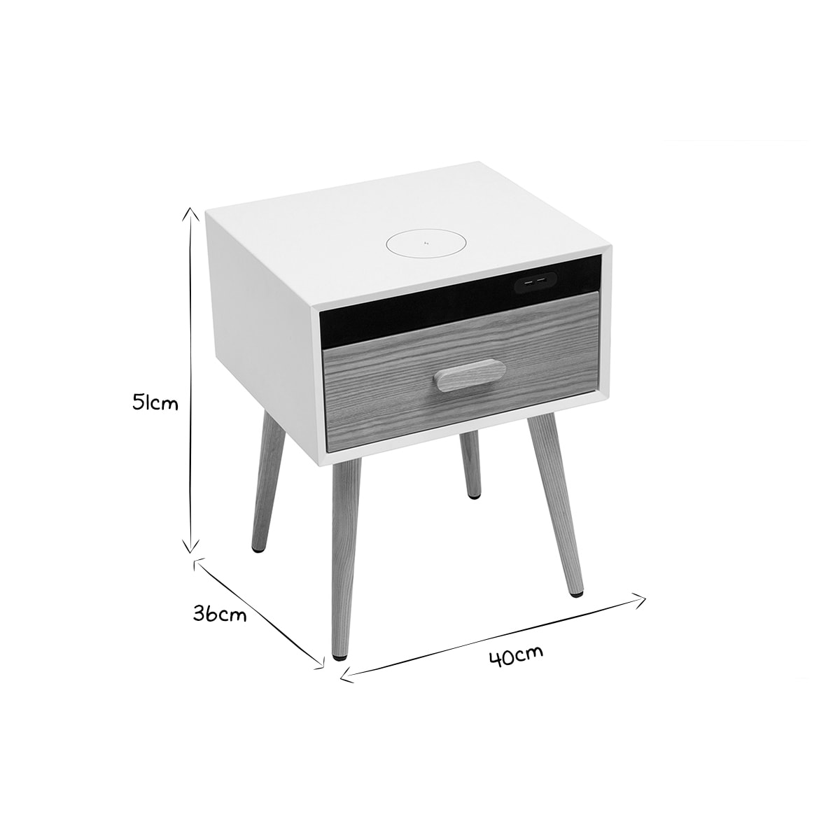 Table de chevet connectée multimédia blanc mat et bois clair massif L40 c PAVAN