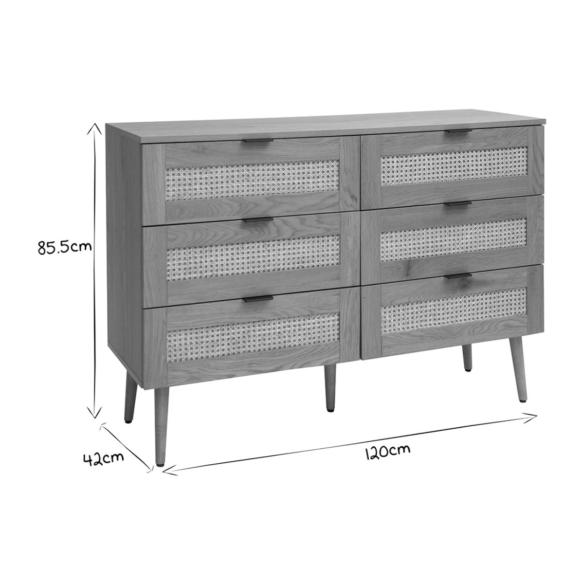 Commode finition bois clair, cannage en rotin et métal noir 6 tiroirs L120 cm MANILLE