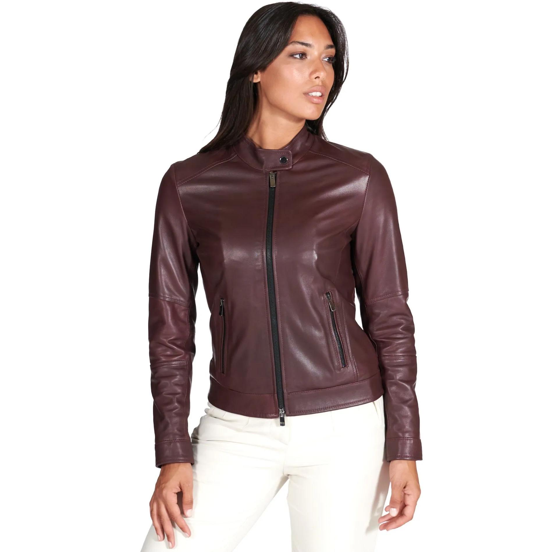 Giacca biker in pelle naturale bordeaux effetto liscio