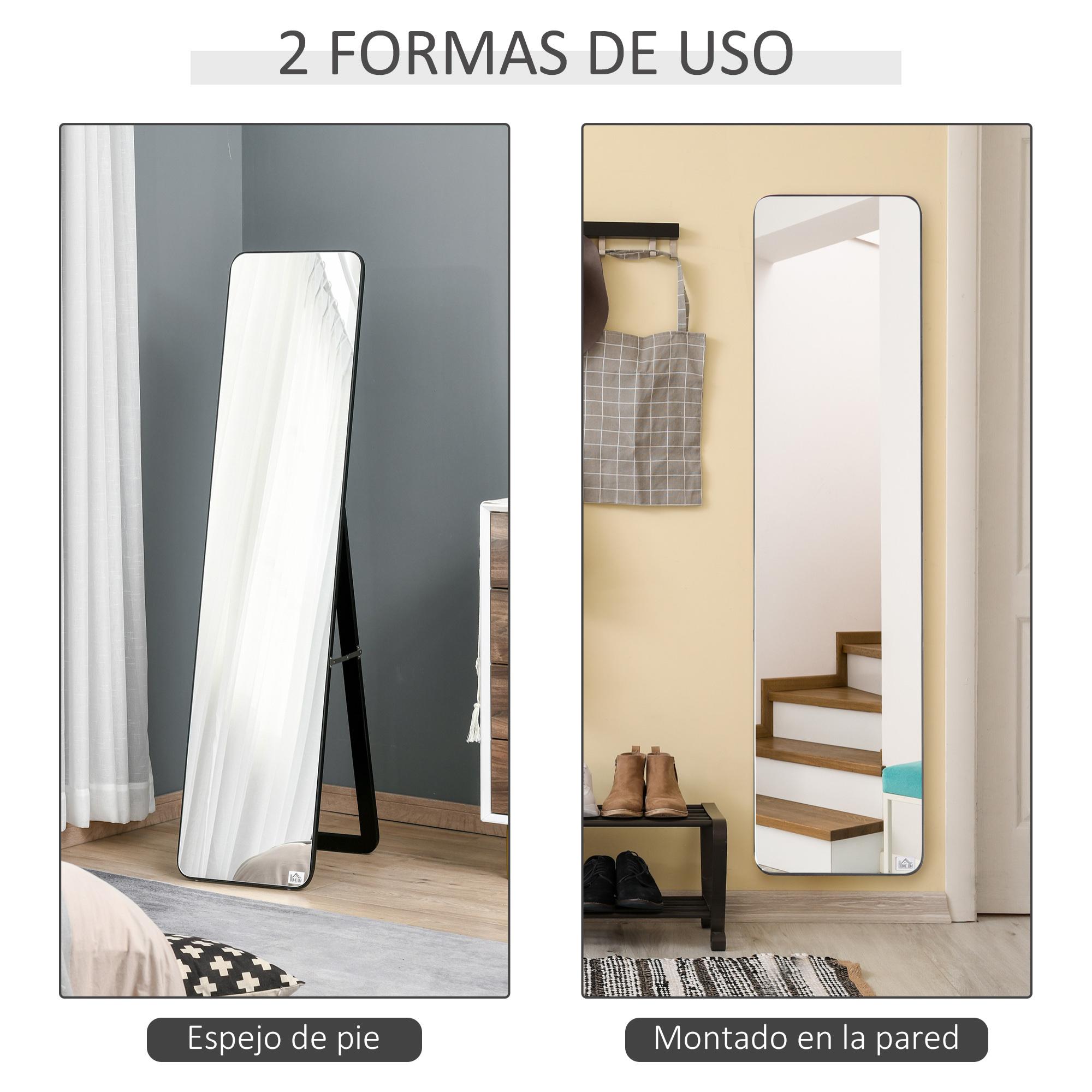 Espejo de Pie Cuerpo Entero Rectangular Espejo de Pared con 2 Formas de Uso Marco de Madera de Pino Moderno para Pasillo Dormitorio Sala de Estar 37x43x156 cm Negro