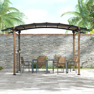 Pergola avec comptoir toit arche alu acier aspect bois noir toile grège