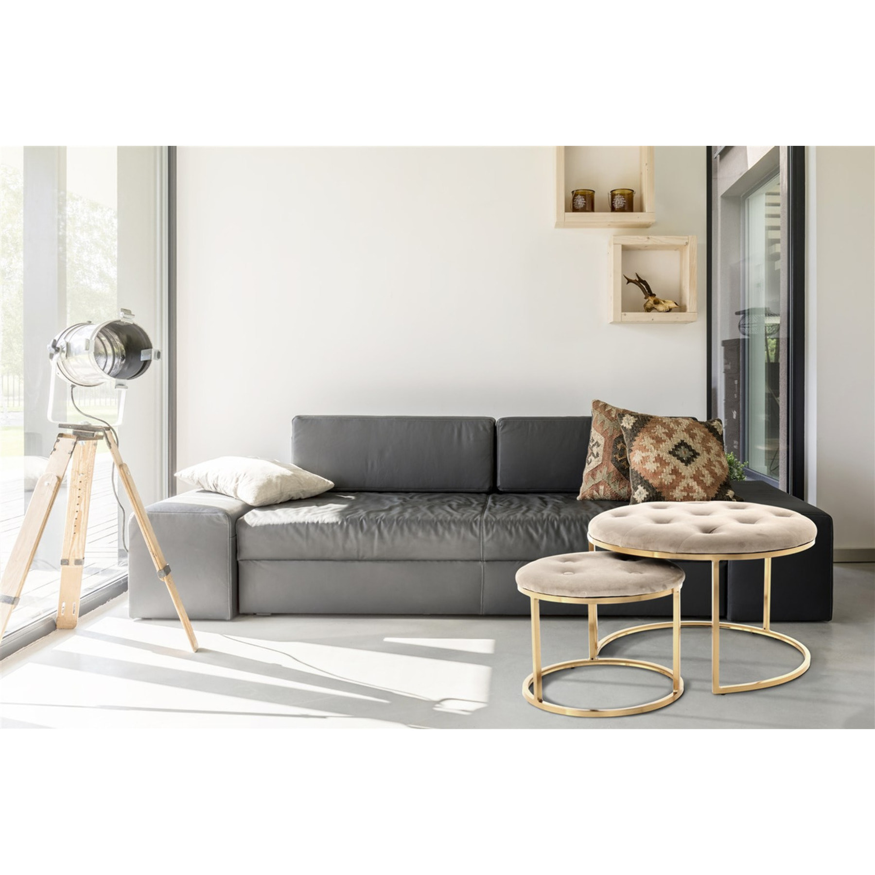Set 2 Pouf Becky in Velluto Taupe e Metallo Oro