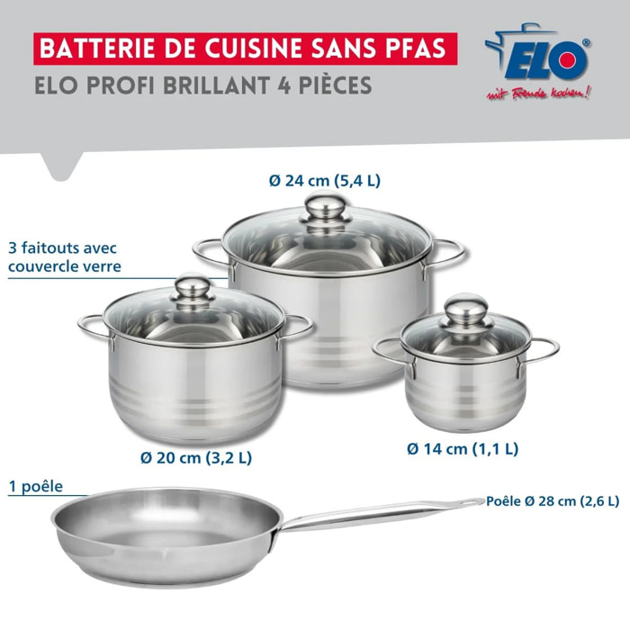 Ensemble de 1 Poêle de cuisson 28 cm et 3 faitouts 14, 20 et 24 cm Elo Profi Brillant