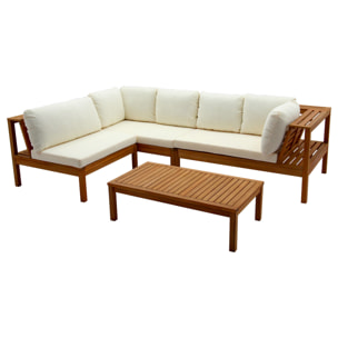 Salon de jardin d'angle 6 places en bois massif avec coussins déhoussables beige naturel BELIZE