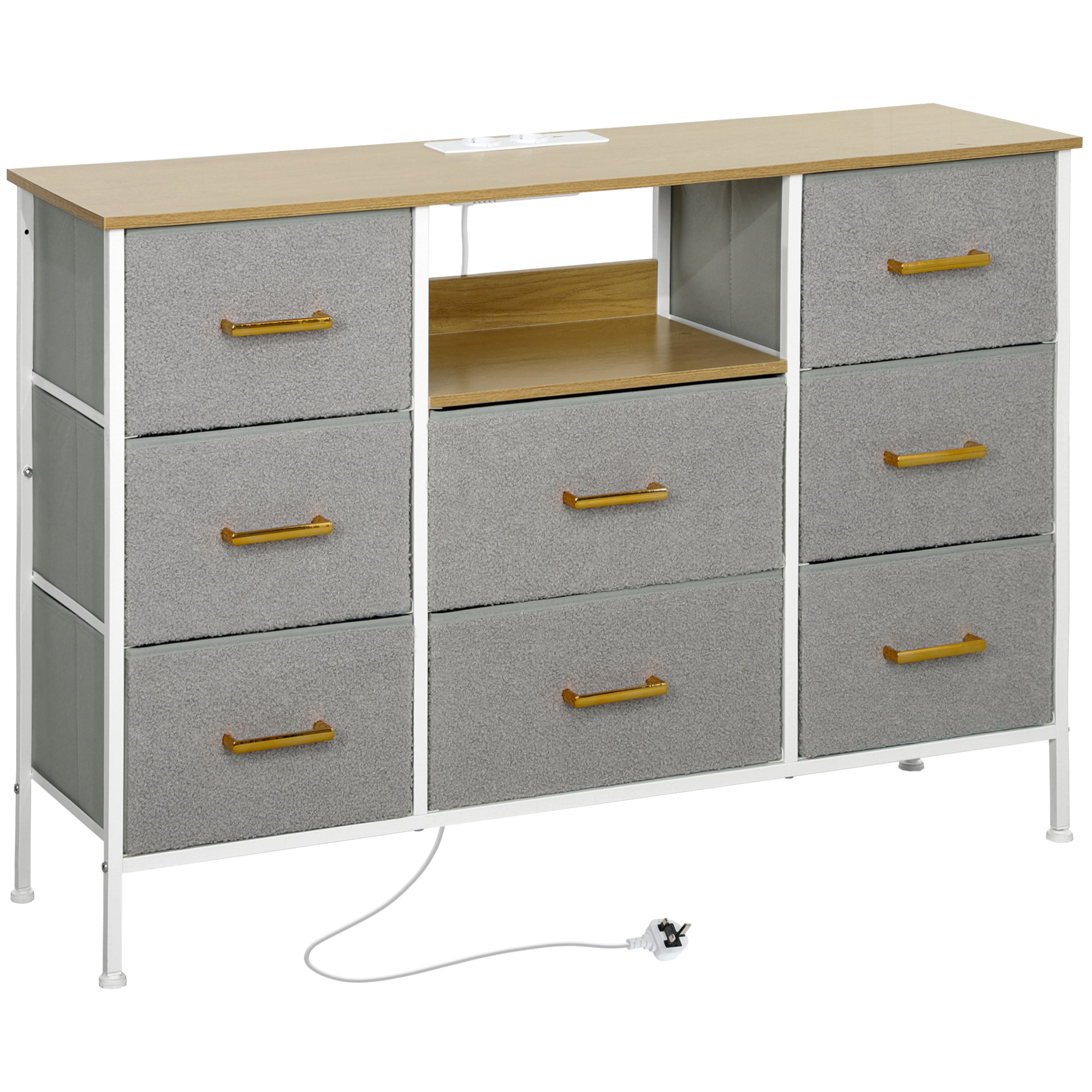 Cómoda con 8 Cajones Tapizado en Borreguito Cajonera de Tela con Estación de Carga Puerto USB Tipo-C y Estructura de Acero Cómoda para Dormitorio Pasillo Gris