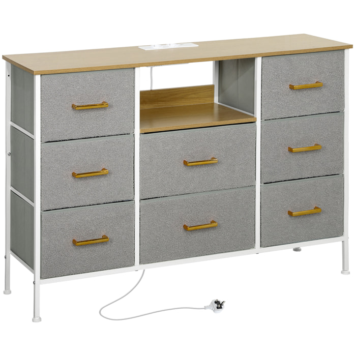 Cómoda con 8 Cajones Tapizado en Borreguito Cajonera de Tela con Estación de Carga Puerto USB Tipo-C y Estructura de Acero Cómoda para Dormitorio Pasillo Gris