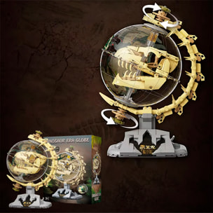 Maqueta educativa 1:8 de dinosaurio T.rex y globo terrestre prehistórico, con rotación 360°, luces y bloques para armar.