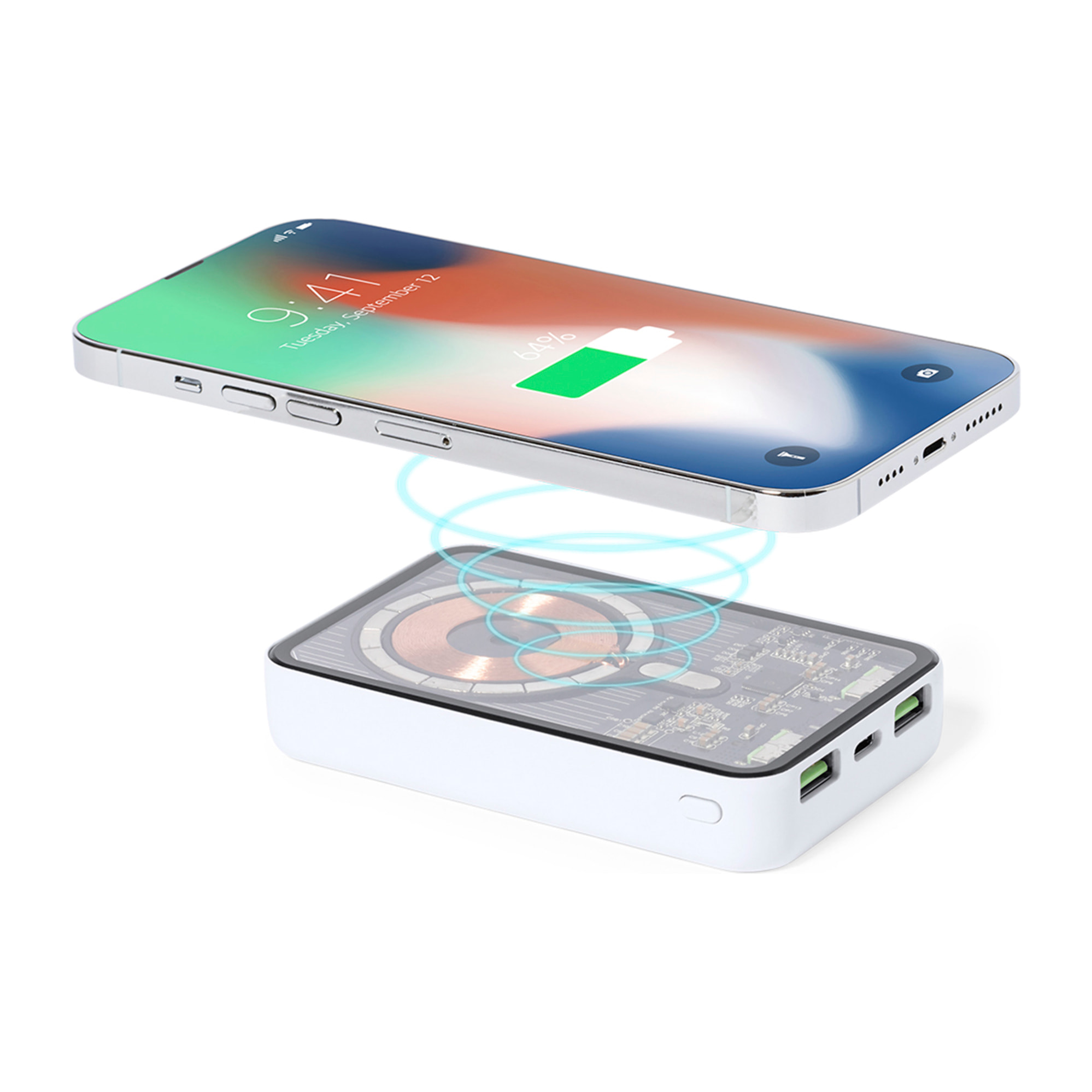 DAM Powerbank inalámbrico Bramson de 15W Magsafe magnético de 5.000 mAh. Salida USB-C + USB. 6,9x1,9x10,9 Cm. Color: Transparente