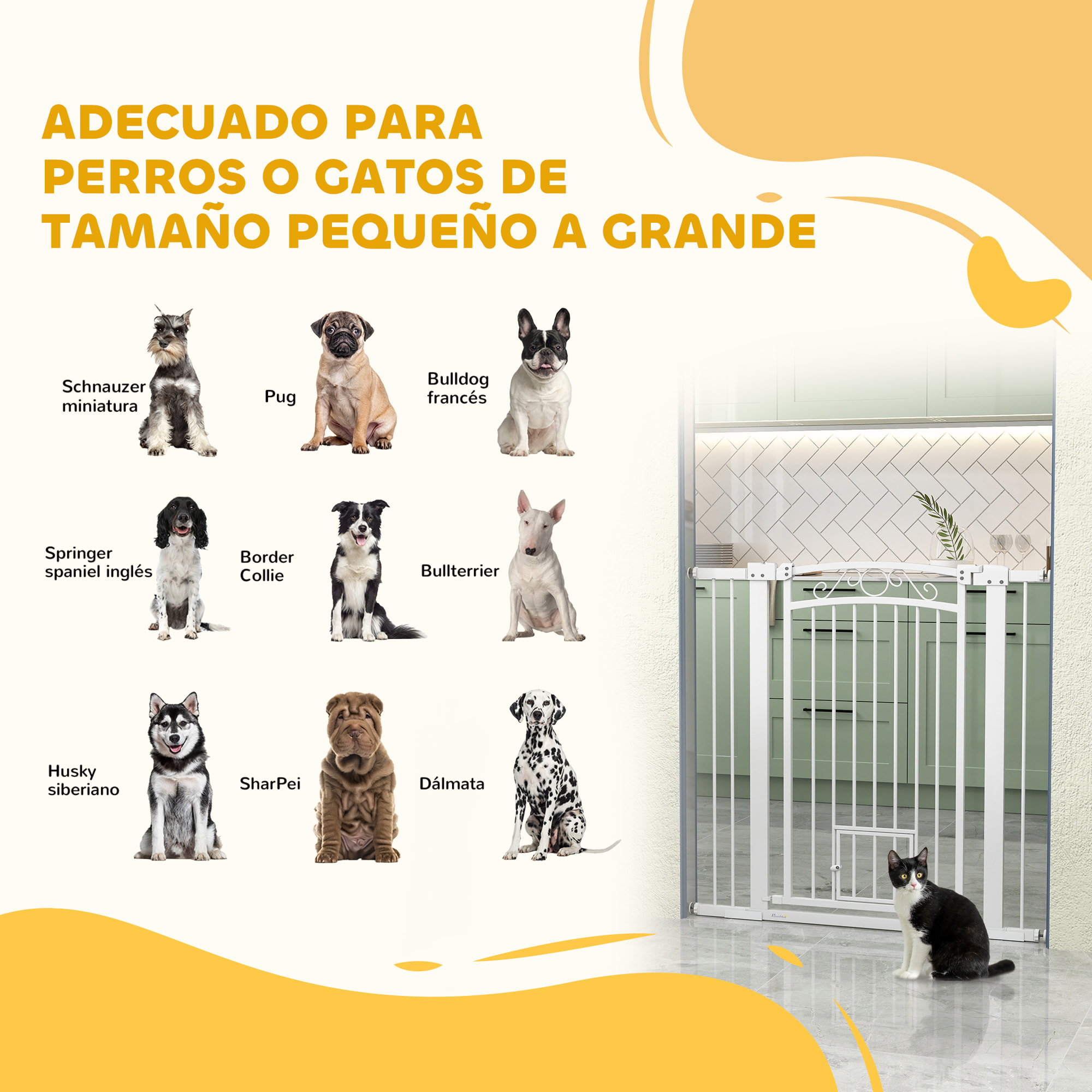 Barrera para Perros Puerta para Perros con Ancho Ajustable 76-104 cm Barrera de Seguridad para Perros con 2 Extensiones Doble Bloqueo y Puerta Pequeña para Escaleras y Puertas Blanco