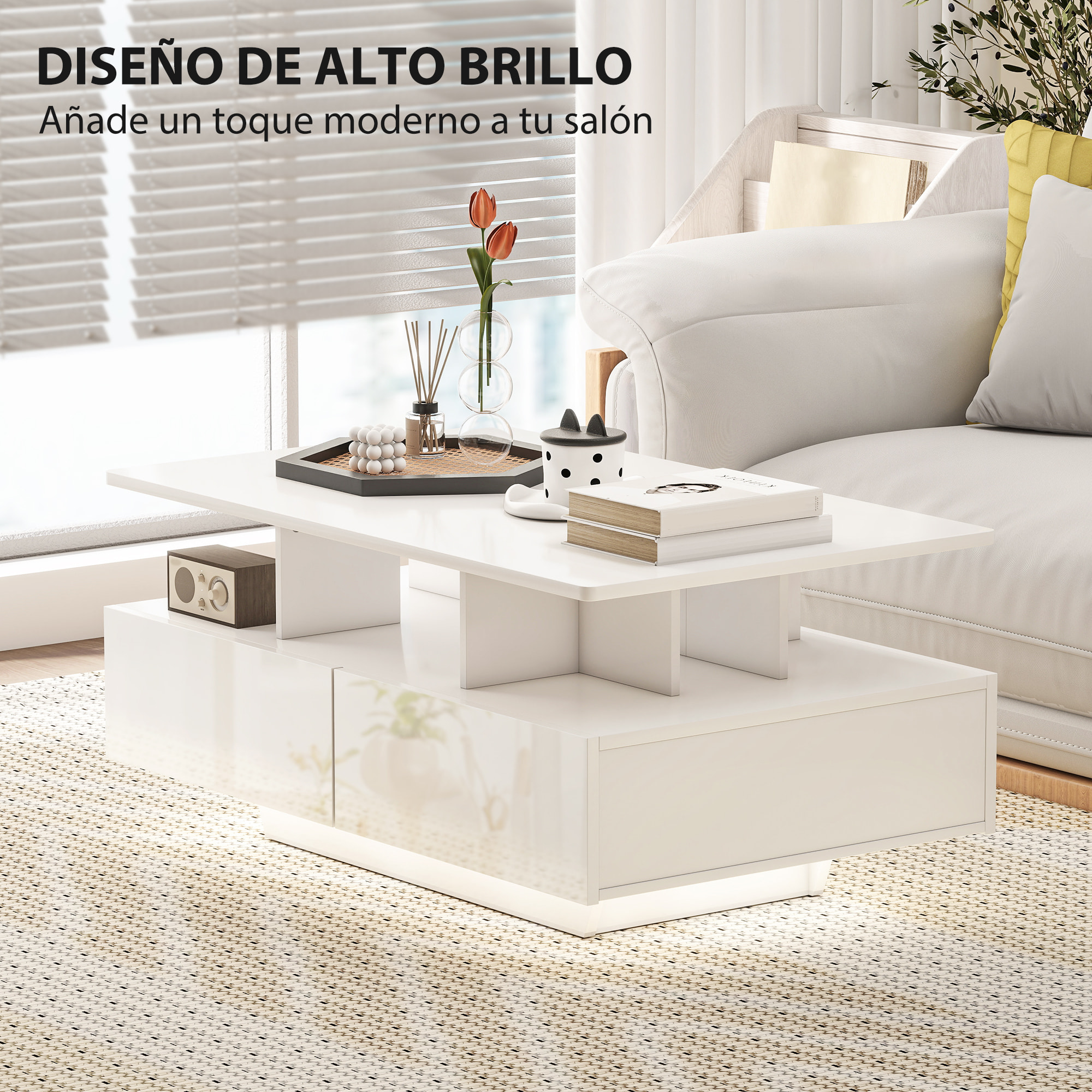 Mesa de Centro LED Moderna Mesa de Café Brillante con 4 Cajones Estante Abierto y Luces LED de 16 Colores para Salón 90x55x41 cm Blanco Brillo