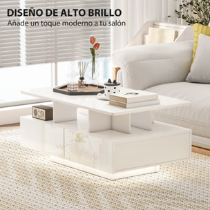 Mesa de Centro LED Moderna Mesa de Café Brillante con 4 Cajones Estante Abierto y Luces LED de 16 Colores para Salón 90x55x41 cm Blanco Brillo