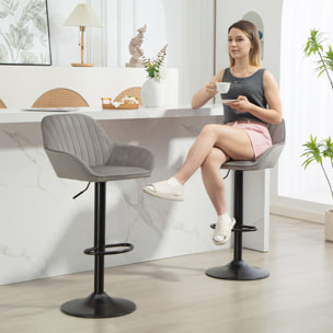 Juego de 2 Taburetes de Bar Giratorios, Taburetes Altos de Cocina con Altura Ajustable 62-83 cm, Sillas Altas de Cocina, Tapizada en Terciopelo, Respaldo y Reposapiés, Gris