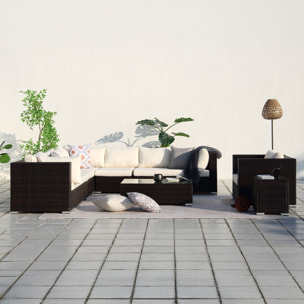 ENORA - salon de jardin panoramique 8 places en résine tressée marron et blanc