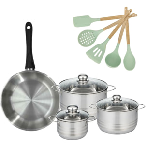 Lot Poêle 28 cm Fackelmann Généva et 3 Faitouts en acier inoxydable 16/20/24 cm et 5 ustensiles