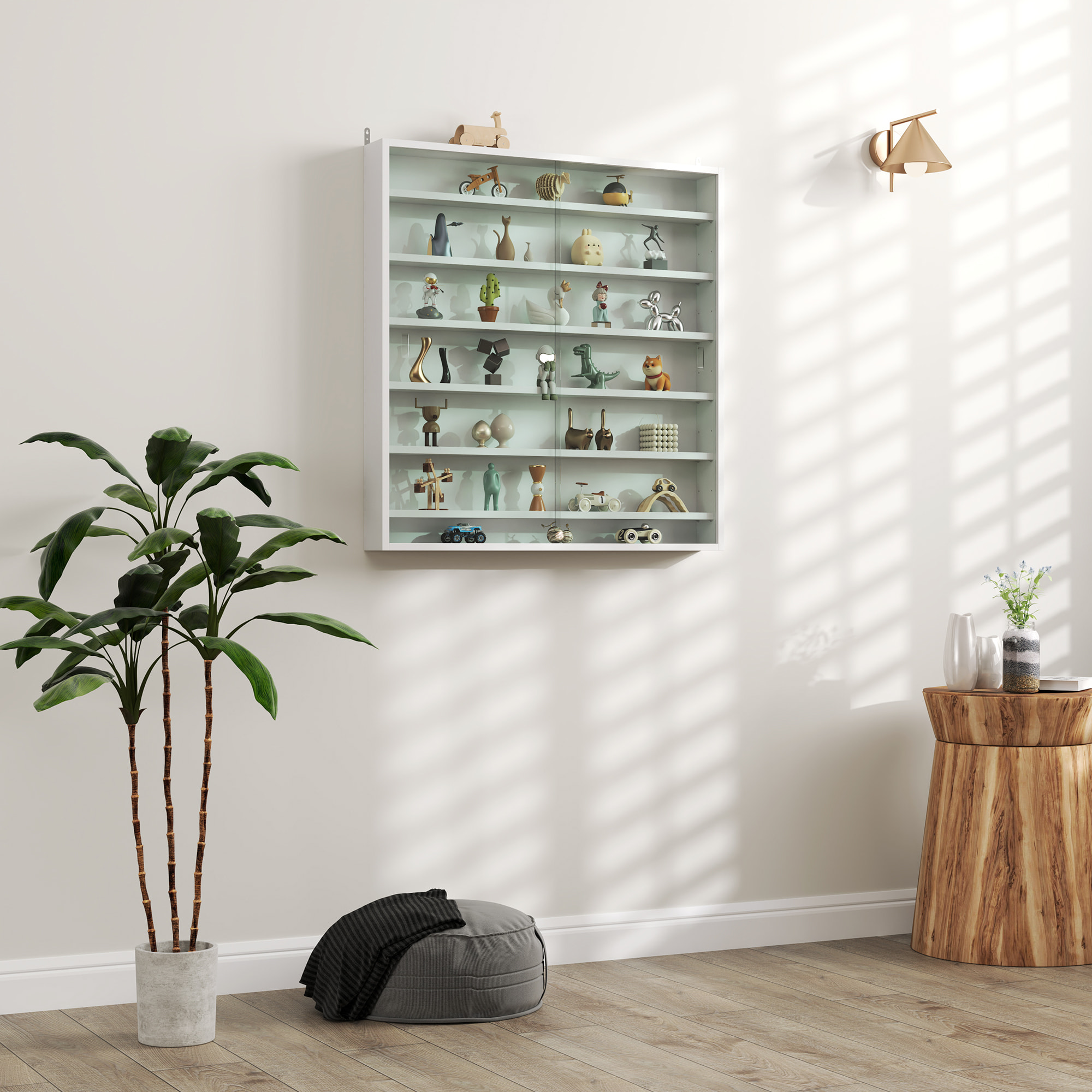 Vitrina Expositora para Colecciones de 7 Niveles, Vitrina de Pared, con Estantes Ajustables y 2 Puertas Correderas de Vidrio, para Perfumes, Figuras de Decoración, 80x9,5x83 cm, Blanco