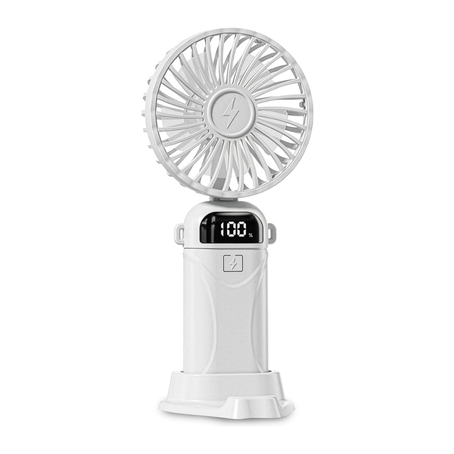 Ventilador portátil A18. Con pantalla LED, 5 velocidades, giro con ángulo ajustable de 90°, batería recargable y soporte para móvil.