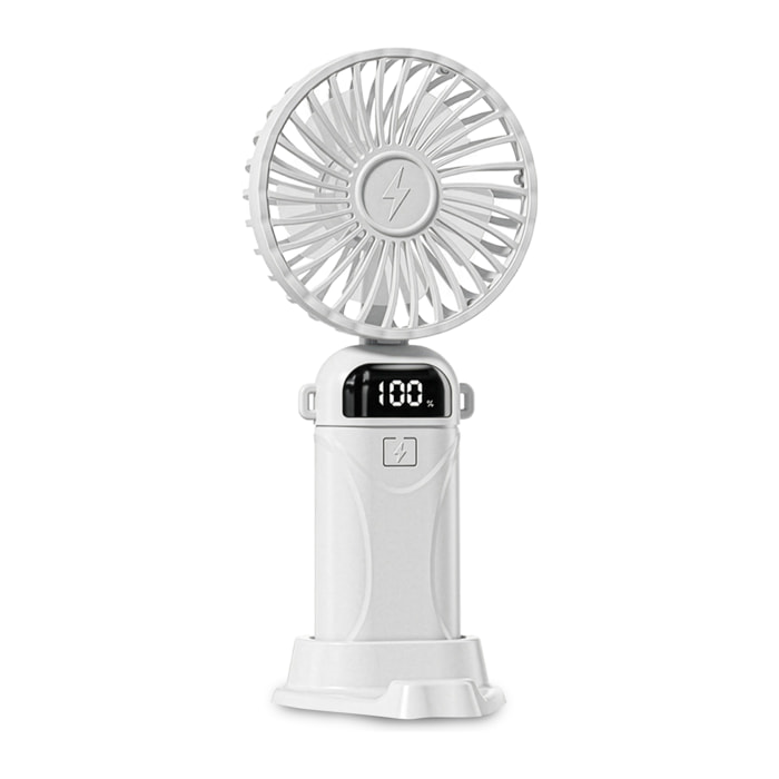 Ventilador portátil A18. Con pantalla LED, 5 velocidades, giro con ángulo ajustable de 90°, batería recargable y soporte para móvil.