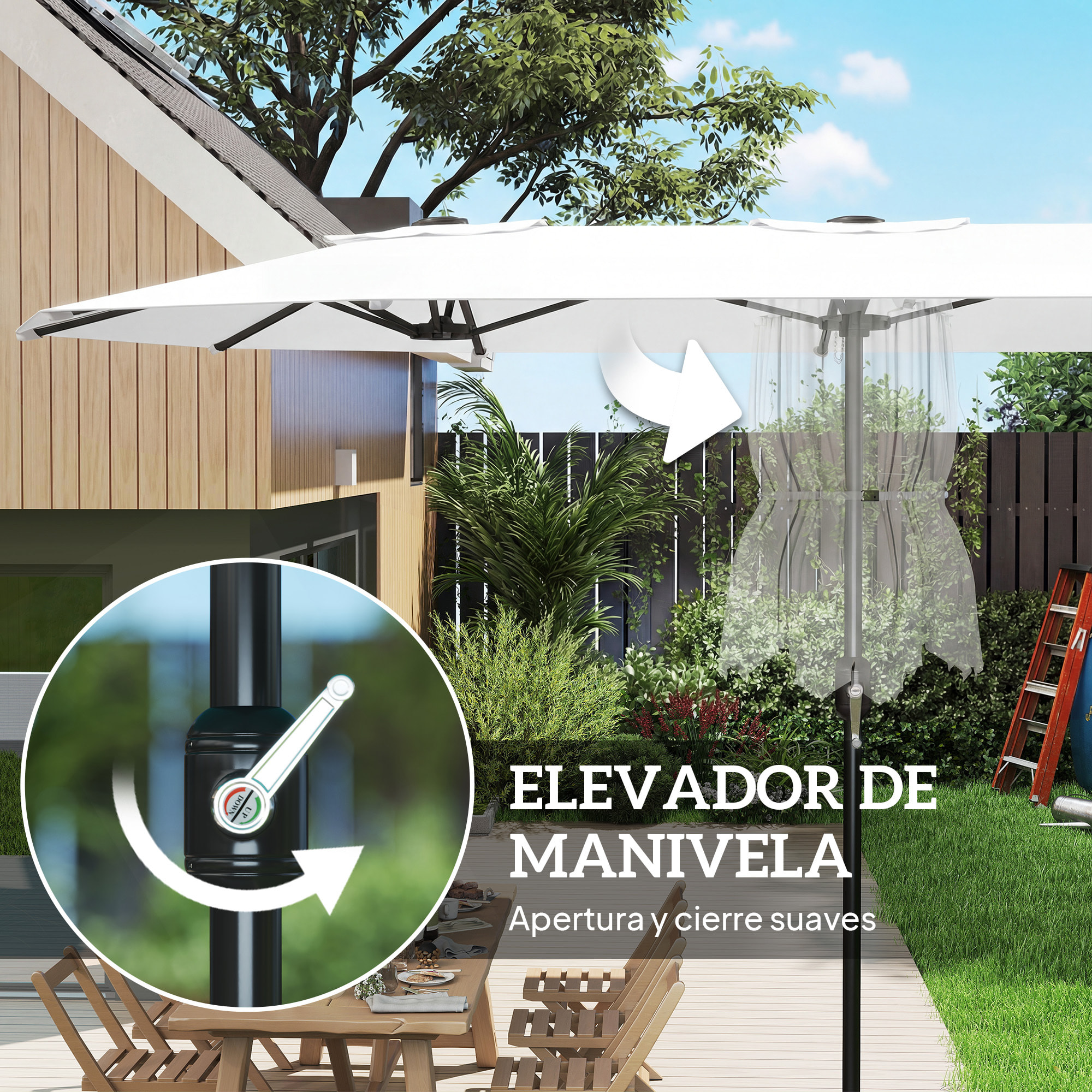 Sombrilla Doble 4,6x2,6 m, Sombrilla Terraza Exterior con Manivela Manual, Protección UV50+, Funda Protectora, Resistente al Agua, Parasol para Jardín, Terraza, Patio, Blanco
