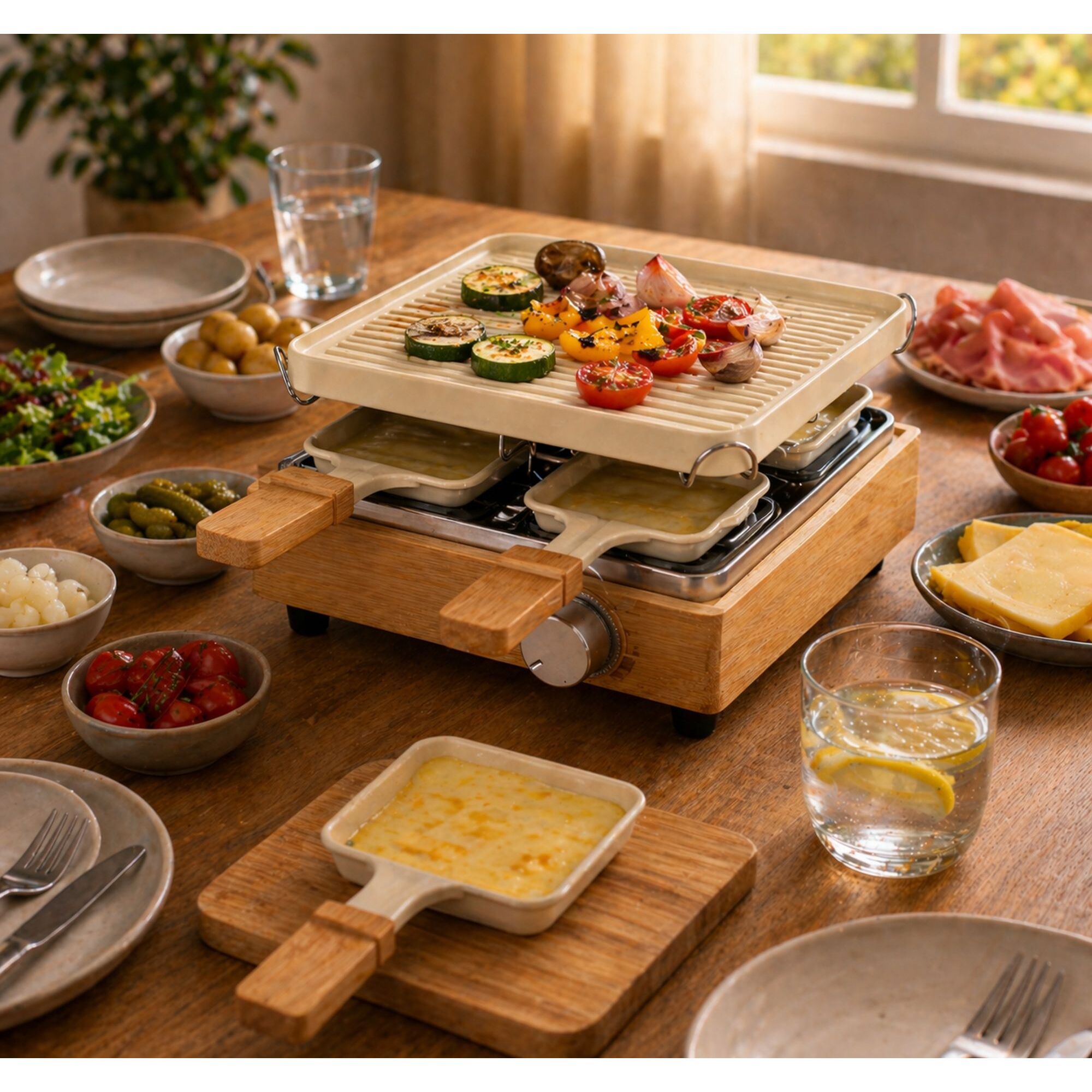 Appareil à raclette 4 personnes en aluminium crème et bambou