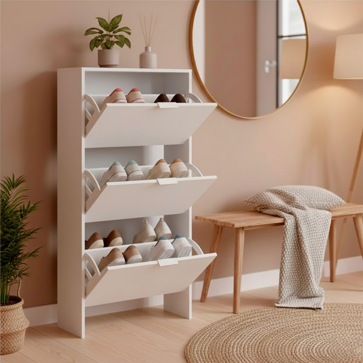 Scarpiera A Ribalta Salvaspazio 3 Ante E 6 Ripiani Mobile Portascarpe Fino A 20 Paia Di Scarpe Ingresso Corridoio Retro Porta 113 x 60 x 22 Cm Bianco